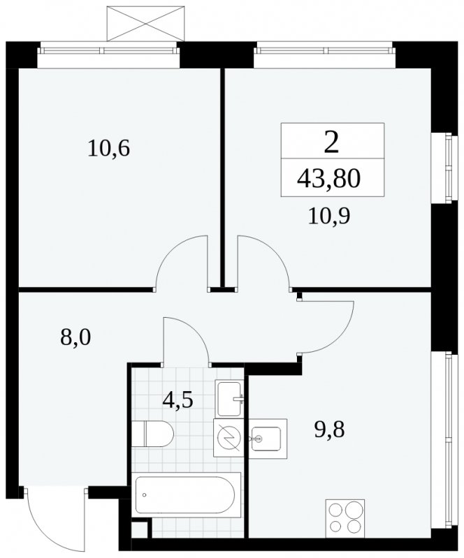 2-комнатная квартира с частичной отделкой, 43.8 м2, 2 этаж, сдача 2 квартал 2025 г., ЖК Прокшино, корпус 5.2.6 - объявление 1900990 - фото №1