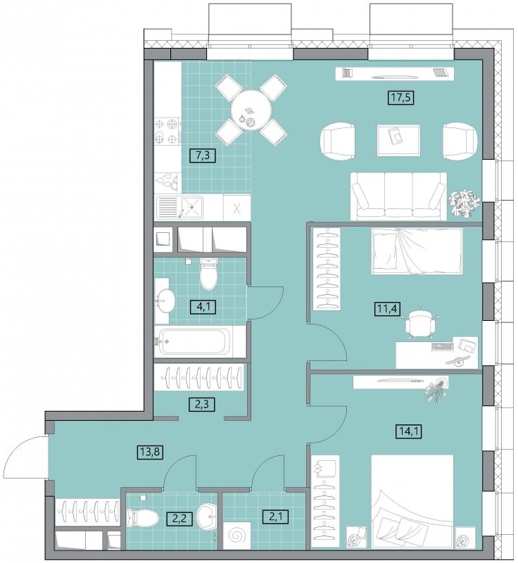 3-комнатная квартира (евро) с полной отделкой, 74.81 м2, 23 этаж, сдача 2 квартал 2022 г., ЖК Вестердам, корпус 3 - объявление 1538801 - фото №1