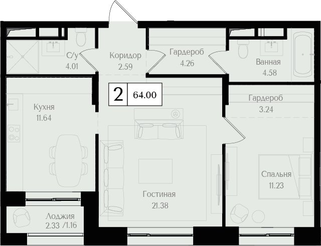 2-комнатная квартира без отделки, 64 м2, 14 этаж, сдача 3 квартал 2024 г., ЖК Преображенская площадь, корпус 2 - объявление 2279785 - фото №1