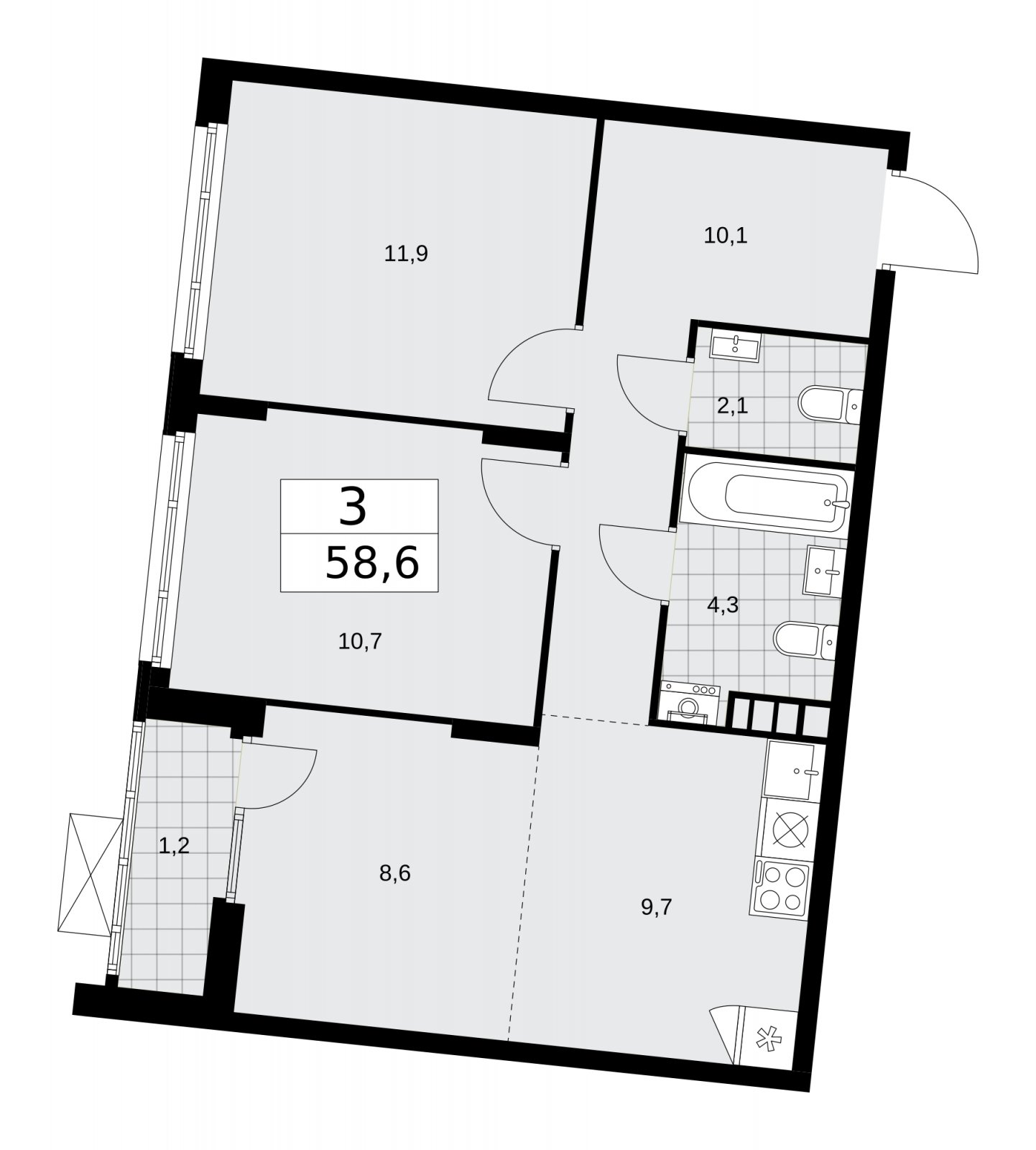 3-комнатная квартира (евро) без отделки, 58.6 м2, 4 этаж, сдача 1 квартал 2026 г., ЖК Деснаречье, корпус 4.1 - объявление 2263351 - фото №1