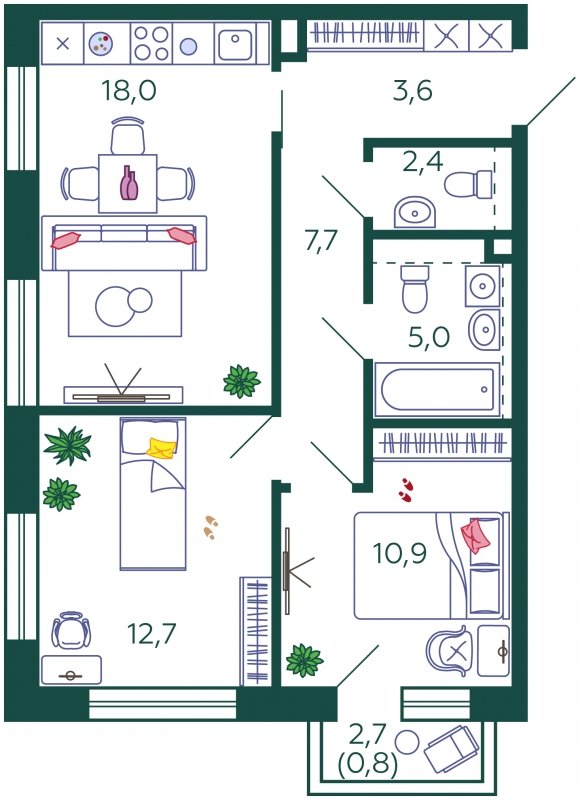 2-комнатная квартира без отделки, 61.1 м2, 8 этаж, сдача 1 квартал 2024 г., ЖК SHAGAL, корпус 1.6 - объявление 1960134 - фото №1
