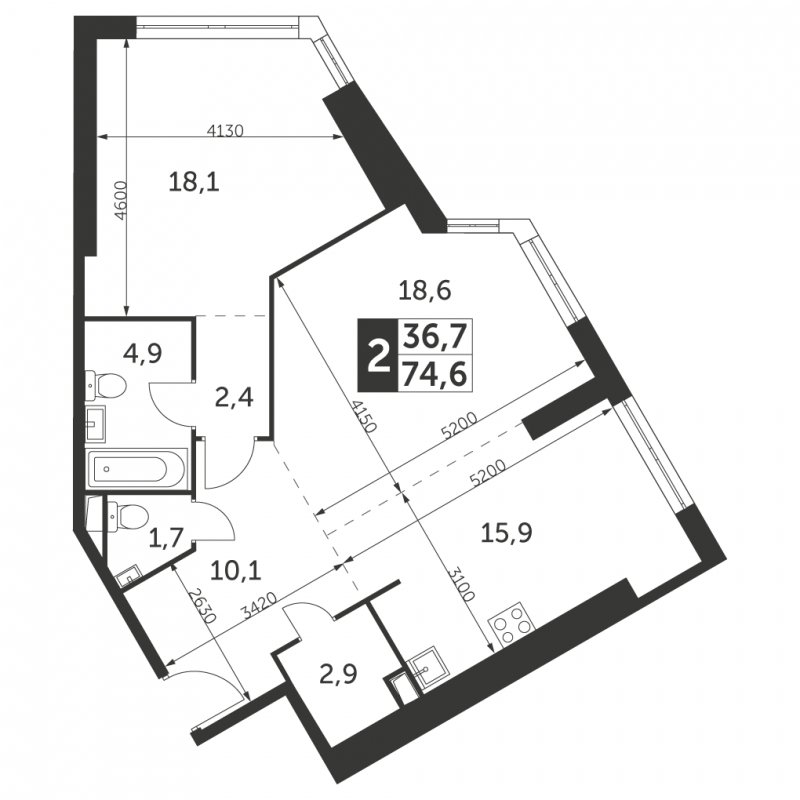 2-комнатная квартира без отделки, 74.6 м2, 41 этаж, сдача 4 квартал 2023 г., ЖК Архитектор, корпус 3 - объявление 1652477 - фото №1
