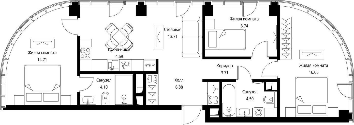 3-комнатная квартира с частичной отделкой, 76.98 м2, 20 этаж, сдача 3 квартал 2026 г., ЖК City Bay, корпус North Ocean 8 - объявление 2240607 - фото №1