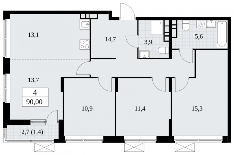 4-комнатная квартира (евро) без отделки, 90 м2, 15 этаж, сдача 1 квартал 2025 г., ЖК Прокшино, корпус 5.2.1 - объявление 1751076 - фото №1