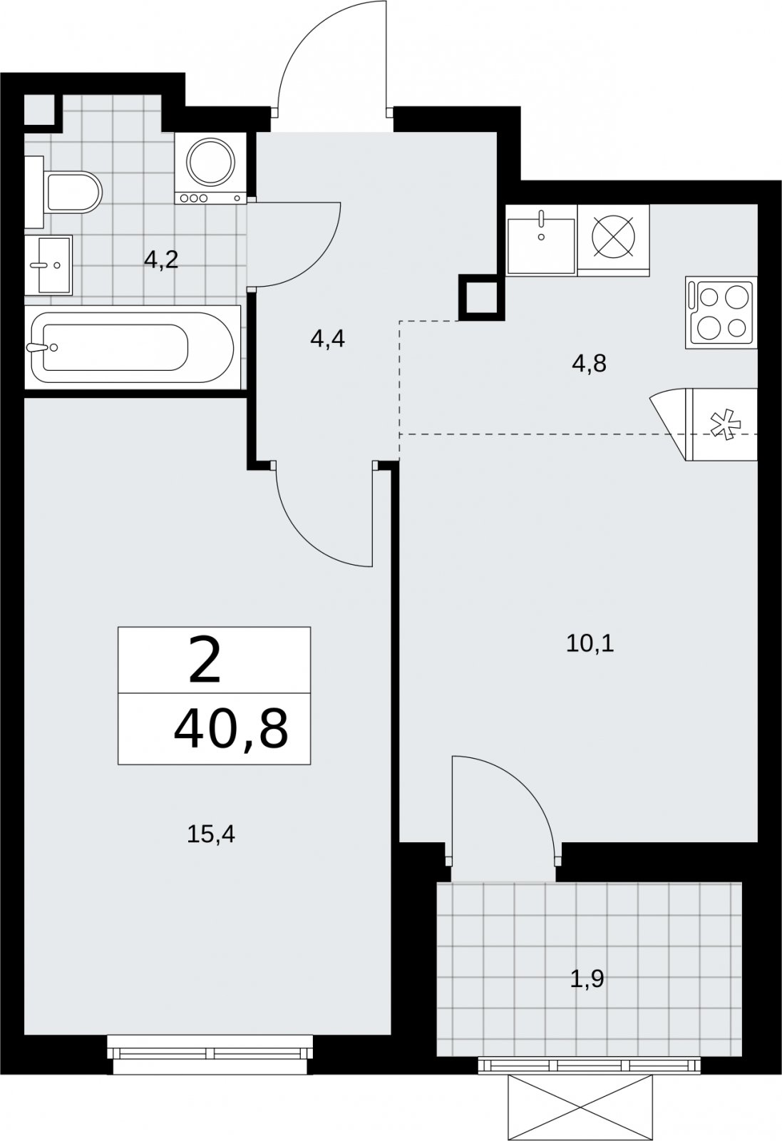 2-комнатная квартира (евро) без отделки, 40.8 м2, 2 этаж, сдача 2 квартал 2026 г., ЖК Бунинские кварталы, корпус 5.3 - объявление 2297496 - фото №1