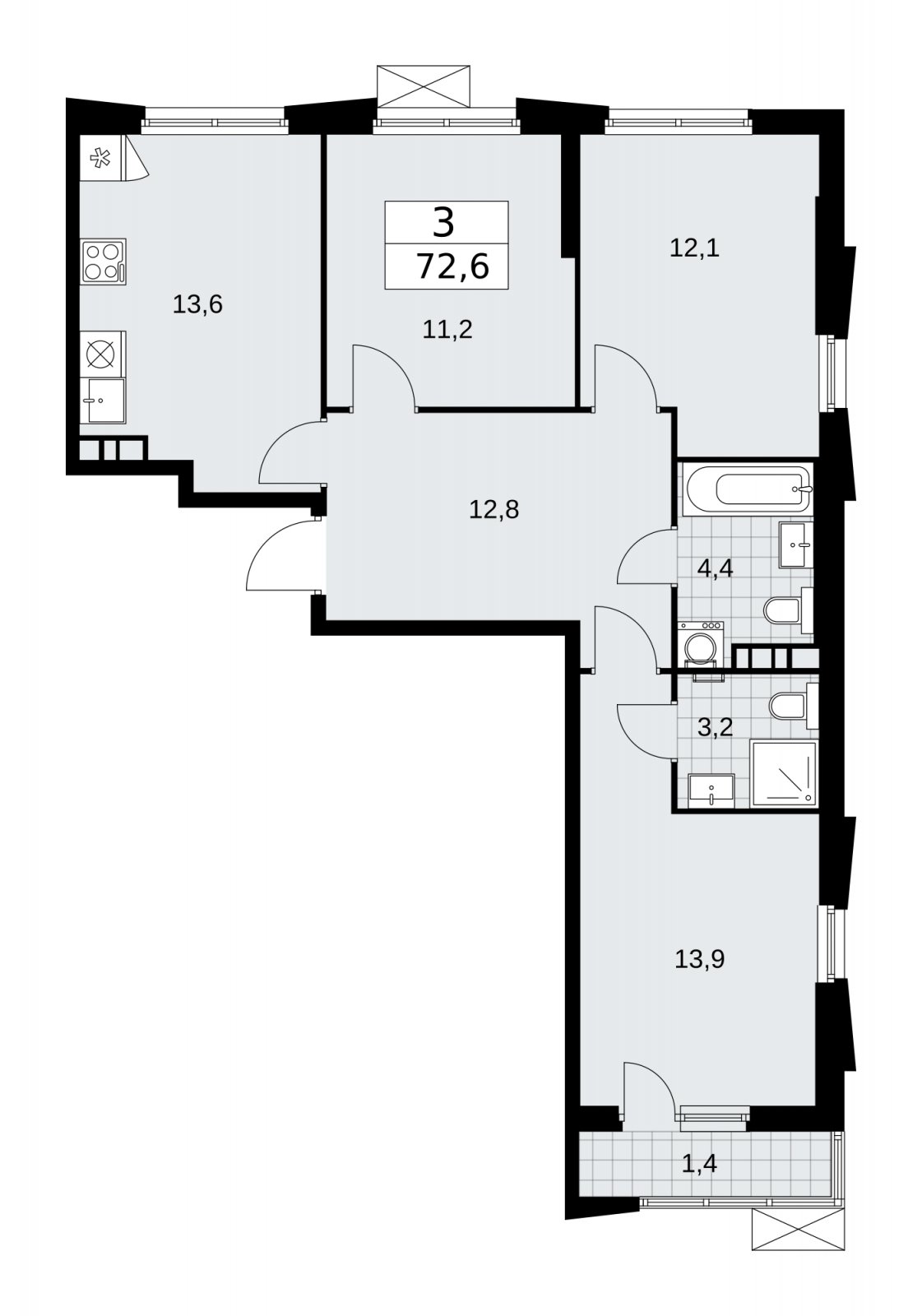 3-комнатная квартира с частичной отделкой, 72.6 м2, 11 этаж, сдача 1 квартал 2026 г., ЖК Прокшино, корпус 11.1.2 - объявление 2257295 - фото №1