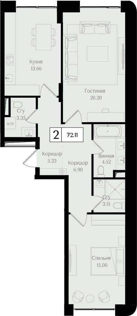 2-комнатная квартира без отделки, 70.64 м2, 2 этаж, сдача 3 квартал 2024 г., ЖК Преображенская площадь, корпус 2 - объявление 2266219 - фото №1