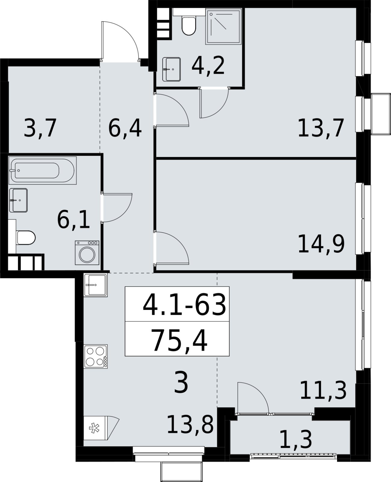 3-комнатная квартира (евро) с полной отделкой, 75.4 м2, 12 этаж, сдача 2 квартал 2027 г., ЖК Южные сады, корпус 4.1.1 - объявление 2392604 - фото №1