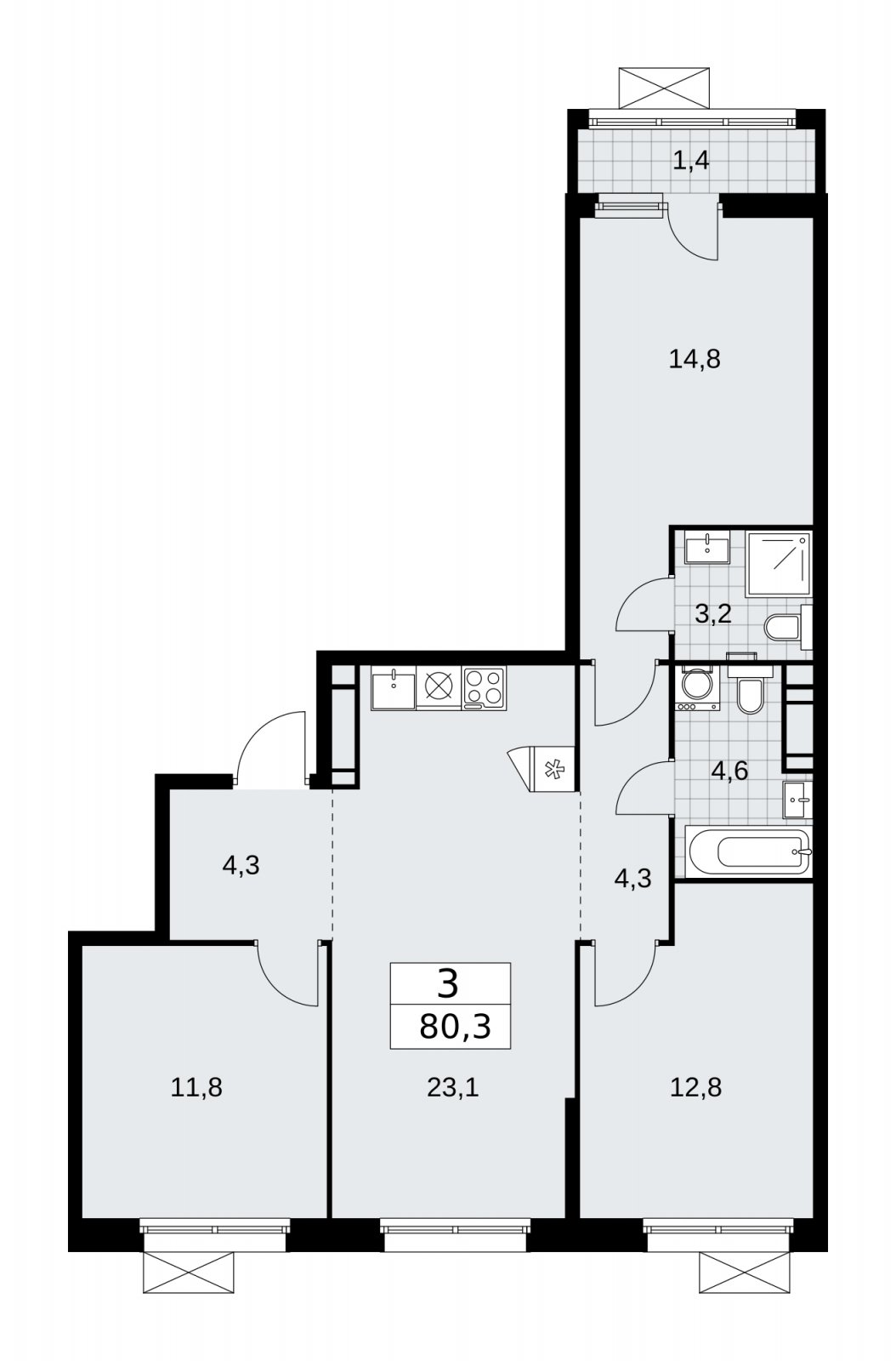 3-комнатная квартира без отделки, 80.3 м2, 17 этаж, сдача 2 квартал 2026 г., ЖК Скандинавия, корпус 25.5 - объявление 2283756 - фото №1