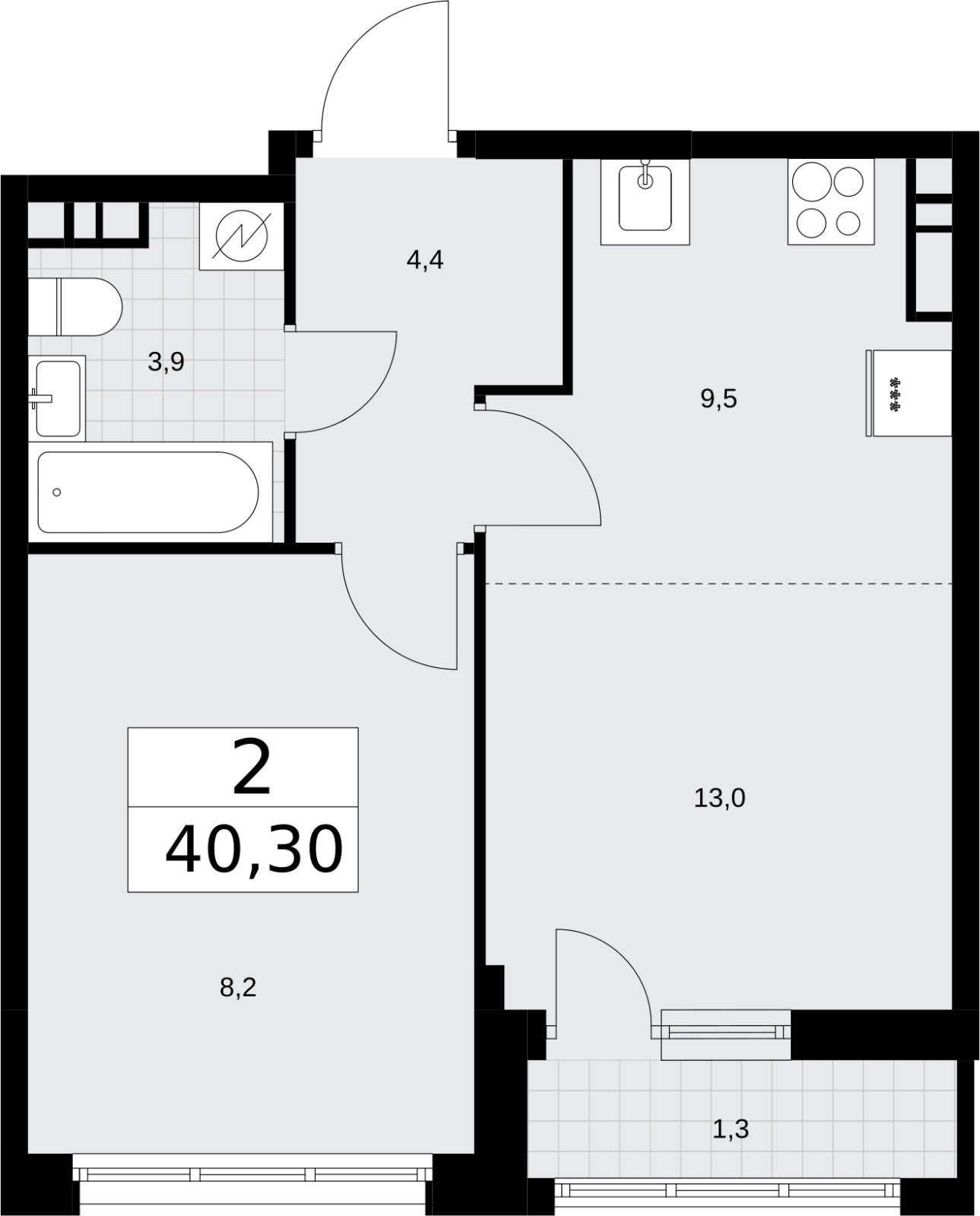 2-комнатная квартира (евро) без отделки, 40.3 м2, 7 этаж, сдача 3 квартал 2026 г., ЖК Родные кварталы, корпус 3.1 - объявление 2378339 - фото №1