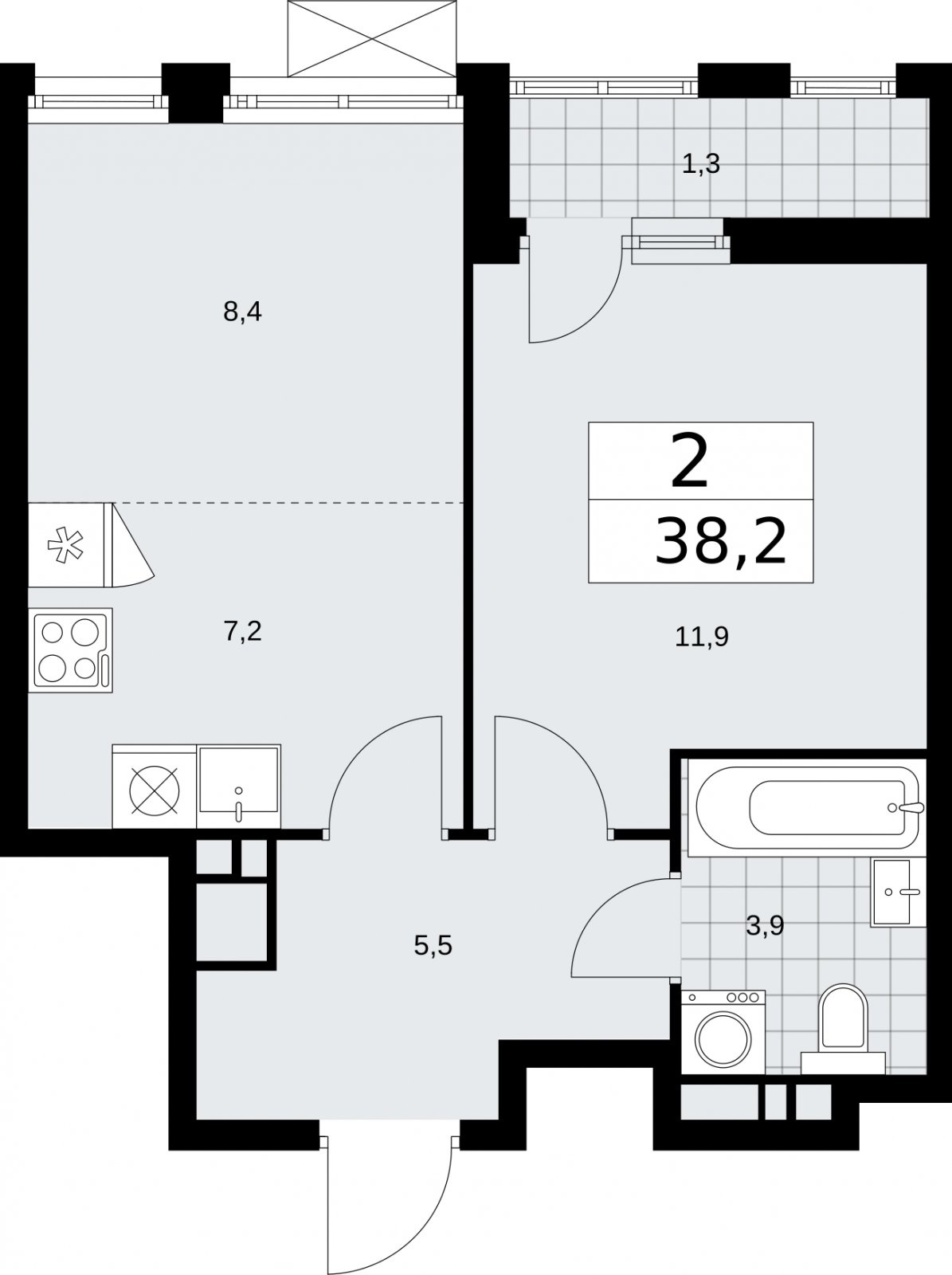 2-комнатная квартира (евро) с частичной отделкой, 38.2 м2, 16 этаж, сдача 2 квартал 2026 г., ЖК Бунинские кварталы, корпус 5.1 - объявление 2297087 - фото №1
