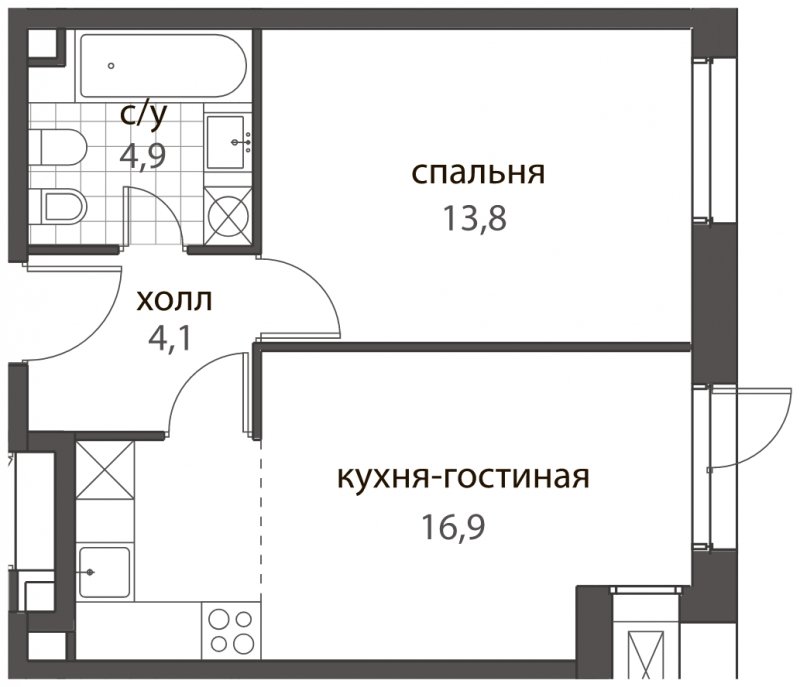 2-комнатная квартира без отделки, 39.7 м2, 1 этаж, дом сдан, ЖК HomeCity, корпус 2 - объявление 1704842 - фото №1