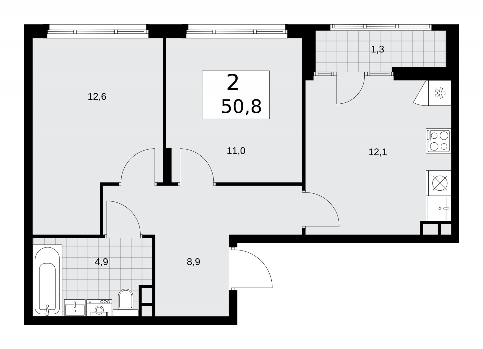 2-комнатная квартира с частичной отделкой, 50.8 м2, 15 этаж, сдача 2 квартал 2026 г., ЖК Деснаречье, корпус 4.4 - объявление 2264331 - фото №1