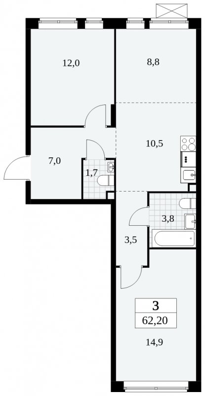3-комнатная квартира (евро) без отделки, 62.2 м2, 2 этаж, сдача 3 квартал 2024 г., ЖК Прокшино, корпус 8.5 - объявление 1684319 - фото №1