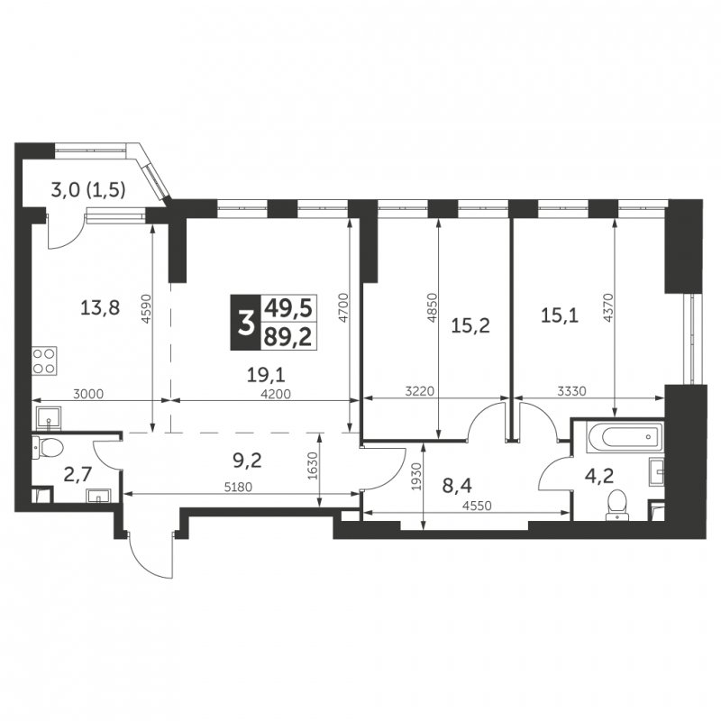 3-комнатная квартира с частичной отделкой, 89.2 м2, 17 этаж, сдача 4 квартал 2023 г., ЖК Архитектор, корпус 3 - объявление 1584216 - фото №1