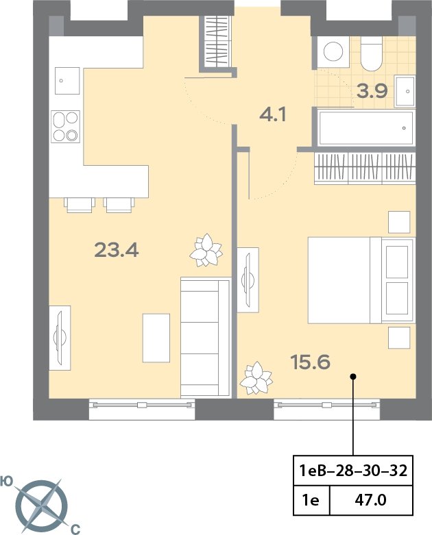 1-комнатная квартира с полной отделкой, 47 м2, 30 этаж, сдача 3 квартал 2025 г., ЖК Дмитровское небо, корпус 1 - объявление 2185533 - фото №1