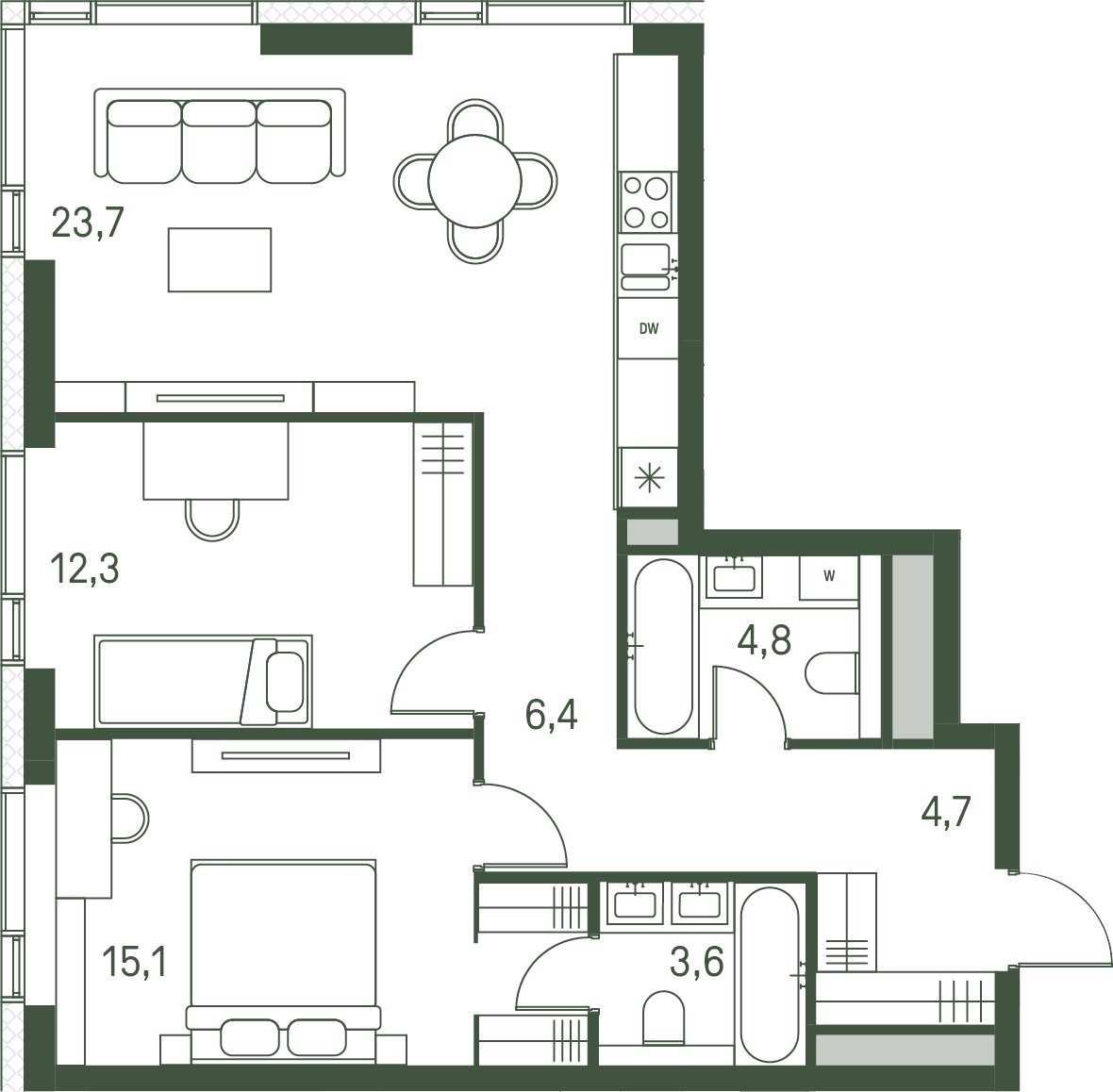 2-комнатная квартира с частичной отделкой, 70.6 м2, 23 этаж, сдача 1 квартал 2027 г., ЖК Moments, корпус 2.1 - объявление 2267495 - фото №1