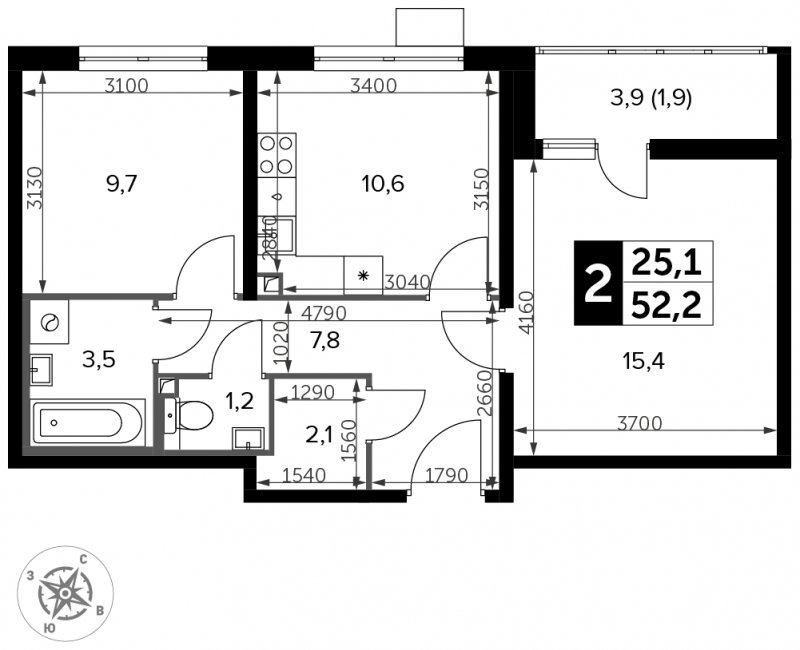 2-комнатная квартира с частичной отделкой, 52.2 м2, 2 этаж, сдача 3 квартал 2023 г., ЖК Южная Битца, корпус 11 - объявление 1658603 - фото №1