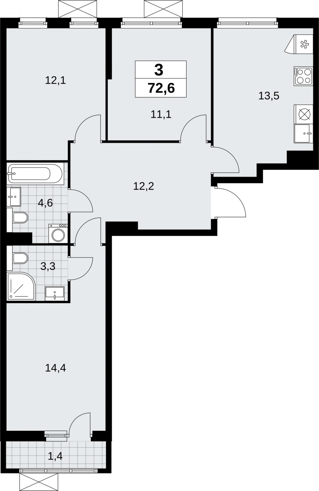 3-комнатная квартира без отделки, 72.6 м2, 13 этаж, сдача 2 квартал 2026 г., ЖК Бунинские кварталы, корпус 9.1 - объявление 2324152 - фото №1