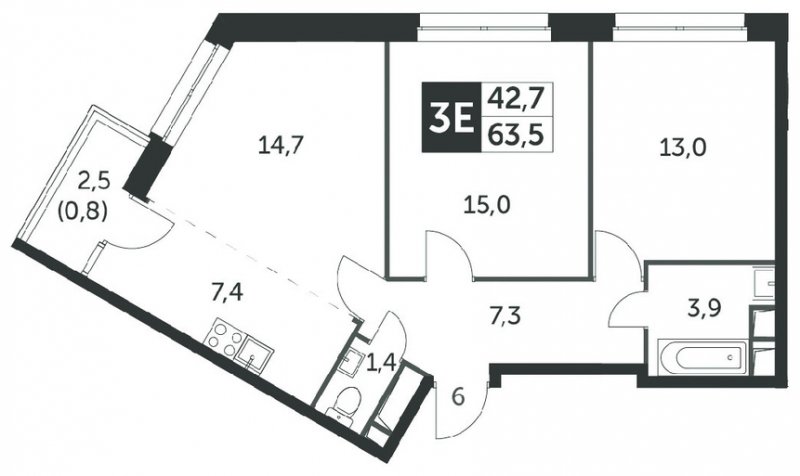 3-комнатная квартира без отделки, 62.3 м2, 3 этаж, сдача 4 квартал 2023 г., ЖК Датский квартал, корпус 2 - объявление 1568475 - фото №1
