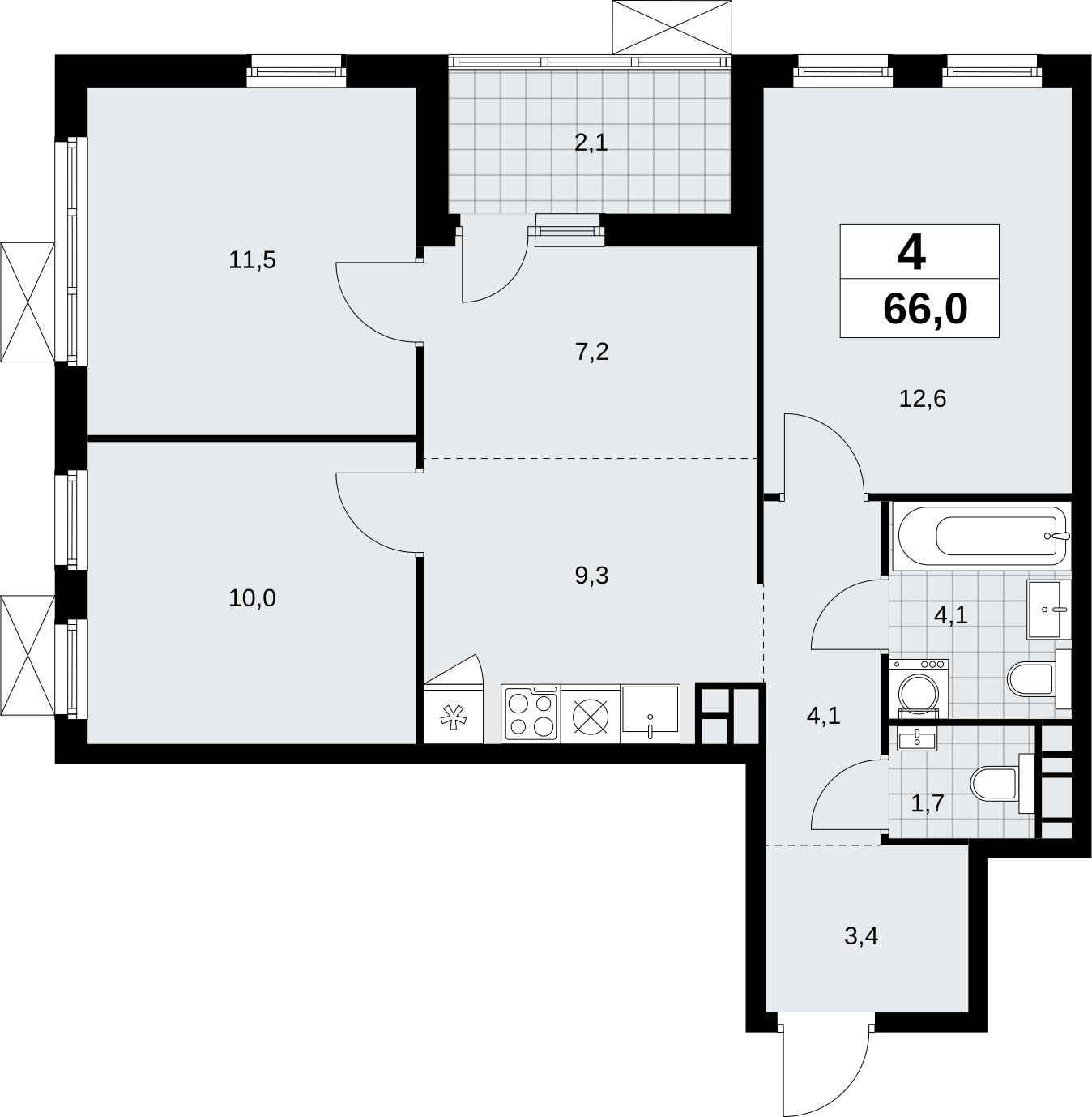 4-комнатная квартира (евро) без отделки, 66 м2, 8 этаж, сдача 4 квартал 2026 г., ЖК Скандинавия, корпус 2.18.1.1 - объявление 2350604 - фото №1