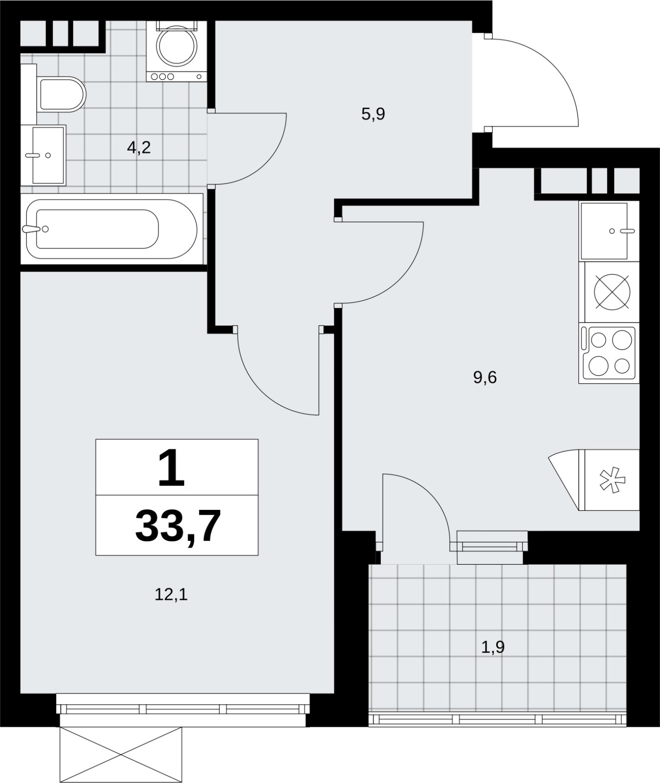 1-комнатная квартира без отделки, 33.7 м2, 4 этаж, сдача 4 квартал 2026 г., ЖК Скандинавия, корпус 2.18.1.4 - объявление 2350947 - фото №1