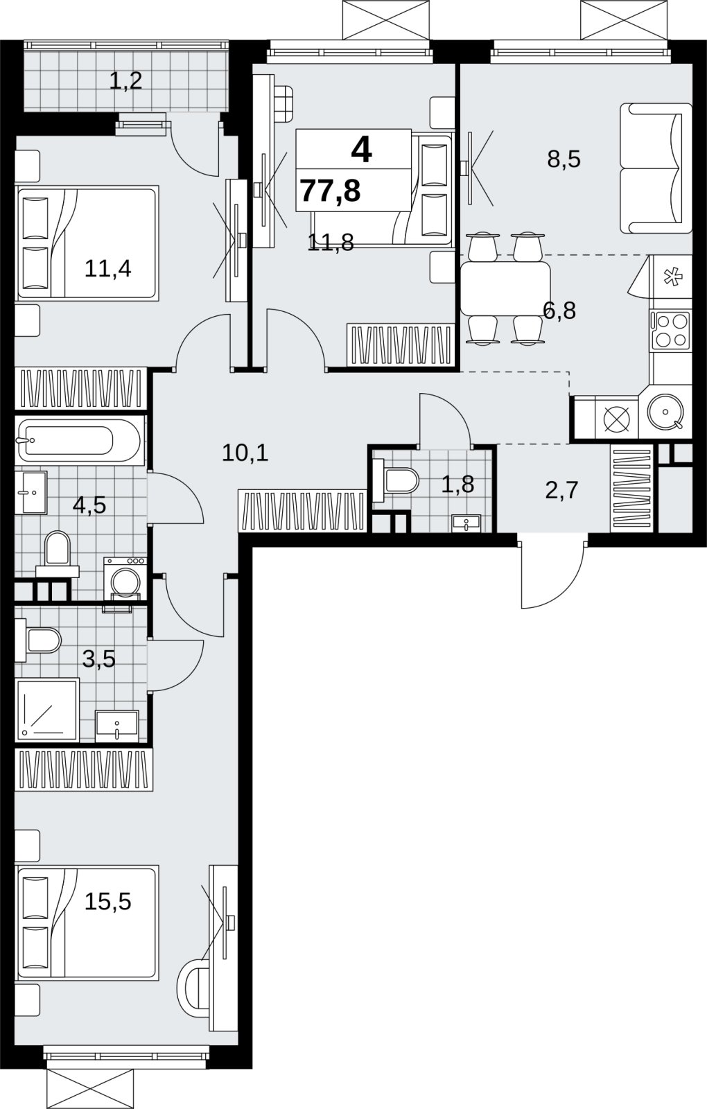 4-комнатная квартира (евро) с полной отделкой, 77.8 м2, 3 этаж, сдача 1 квартал 2027 г., ЖК Скандинавия, корпус 2.18.2.2 - объявление 2351245 - фото №1
