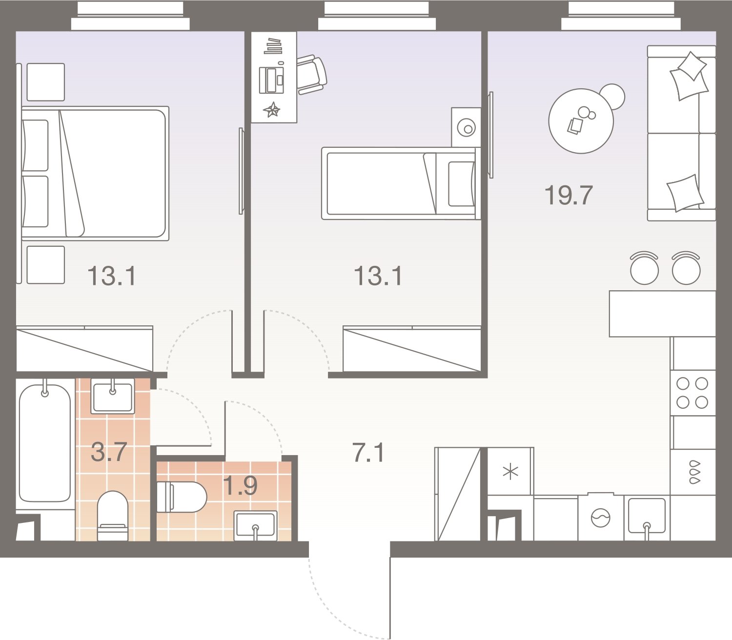 3-комнатная квартира без отделки, 58.6 м2, 22 этаж, сдача 1 квартал 2026 г., ЖК Twelve, корпус 2 - объявление 2372474 - фото №1