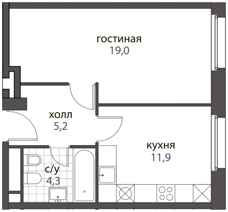1-комнатная квартира без отделки, 40.4 м2, 4 этаж, дом сдан, ЖК HomeCity, корпус 3 - объявление 1572867 - фото №1