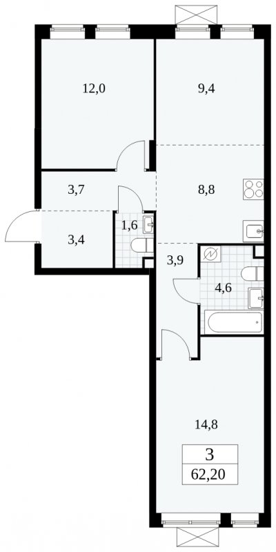 3-комнатная квартира (евро) без отделки, 62.2 м2, 2 этаж, сдача 1 квартал 2025 г., ЖК Прокшино, корпус 5.1.3 - объявление 1810583 - фото №1