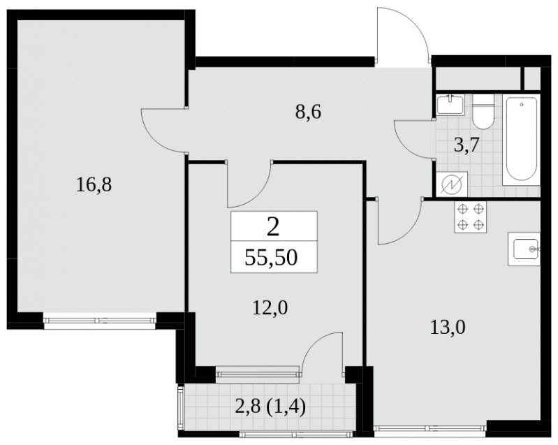 2-комнатная квартира без отделки, 55.5 м2, 25 этаж, сдача 2 квартал 2025 г., ЖК Южные сады, корпус 2.4 - объявление 1760397 - фото №1