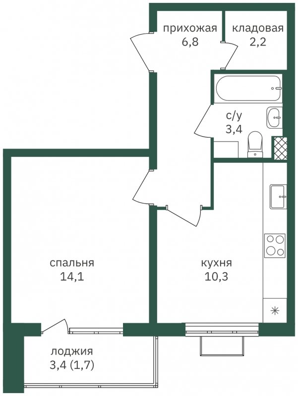 1-комнатная квартира с частичной отделкой, 38.5 м2, 16 этаж, сдача 1 квартал 2023 г., ЖК Зеленая Вертикаль, корпус 4 - объявление 1806725 - фото №1