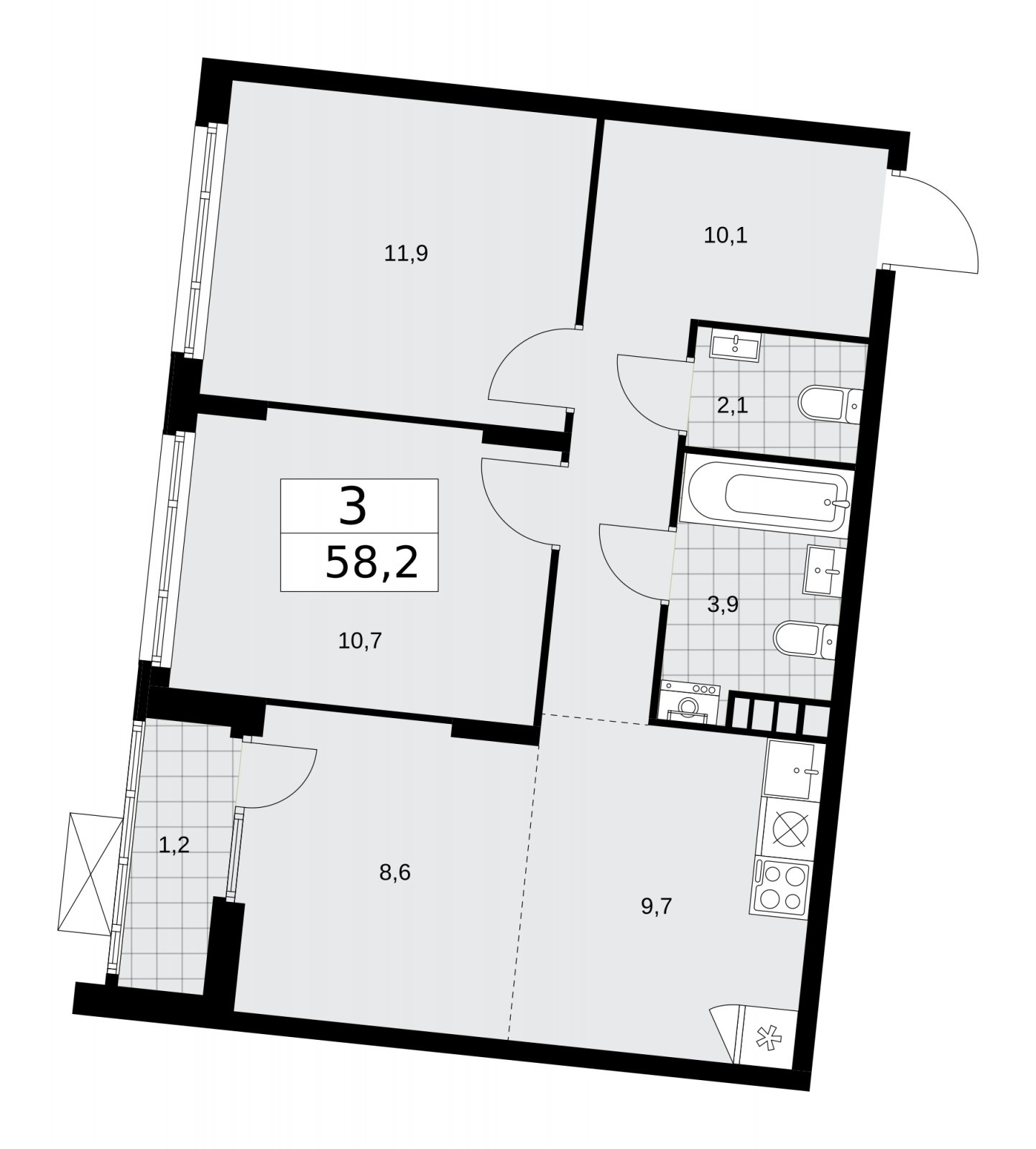 3-комнатная квартира (евро) без отделки, 58.2 м2, 10 этаж, сдача 1 квартал 2026 г., ЖК Деснаречье, корпус 4.1 - объявление 2263393 - фото №1