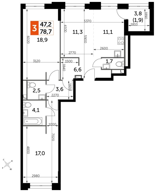 3-комнатная квартира с частичной отделкой, 78.7 м2, 11 этаж, сдача 1 квартал 2023 г., ЖК Sydney City, корпус 1 - объявление 1710110 - фото №1