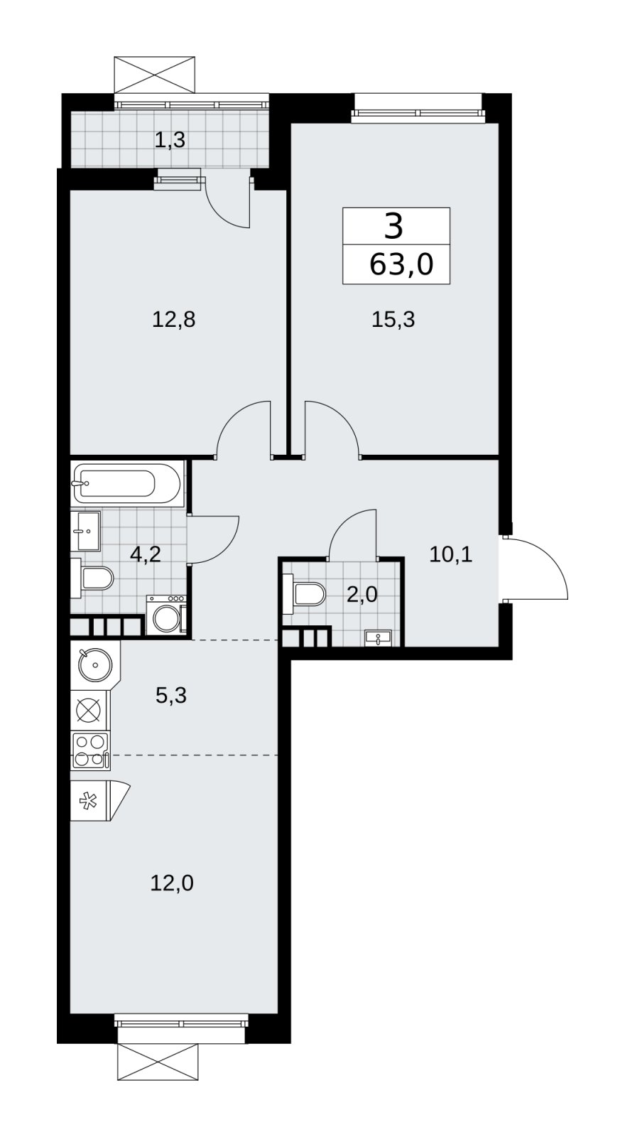 3-комнатная квартира (евро) без отделки, 63 м2, 4 этаж, сдача 2 квартал 2026 г., ЖК Скандинавия, корпус 25.4 - объявление 2284144 - фото №1