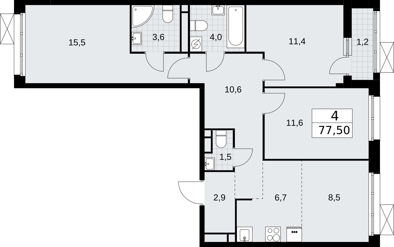 4-комнатная квартира (евро) без отделки, 77.5 м2, 5 этаж, сдача 3 квартал 2026 г., ЖК Родные кварталы, корпус 2 - объявление 2295384 - фото №1