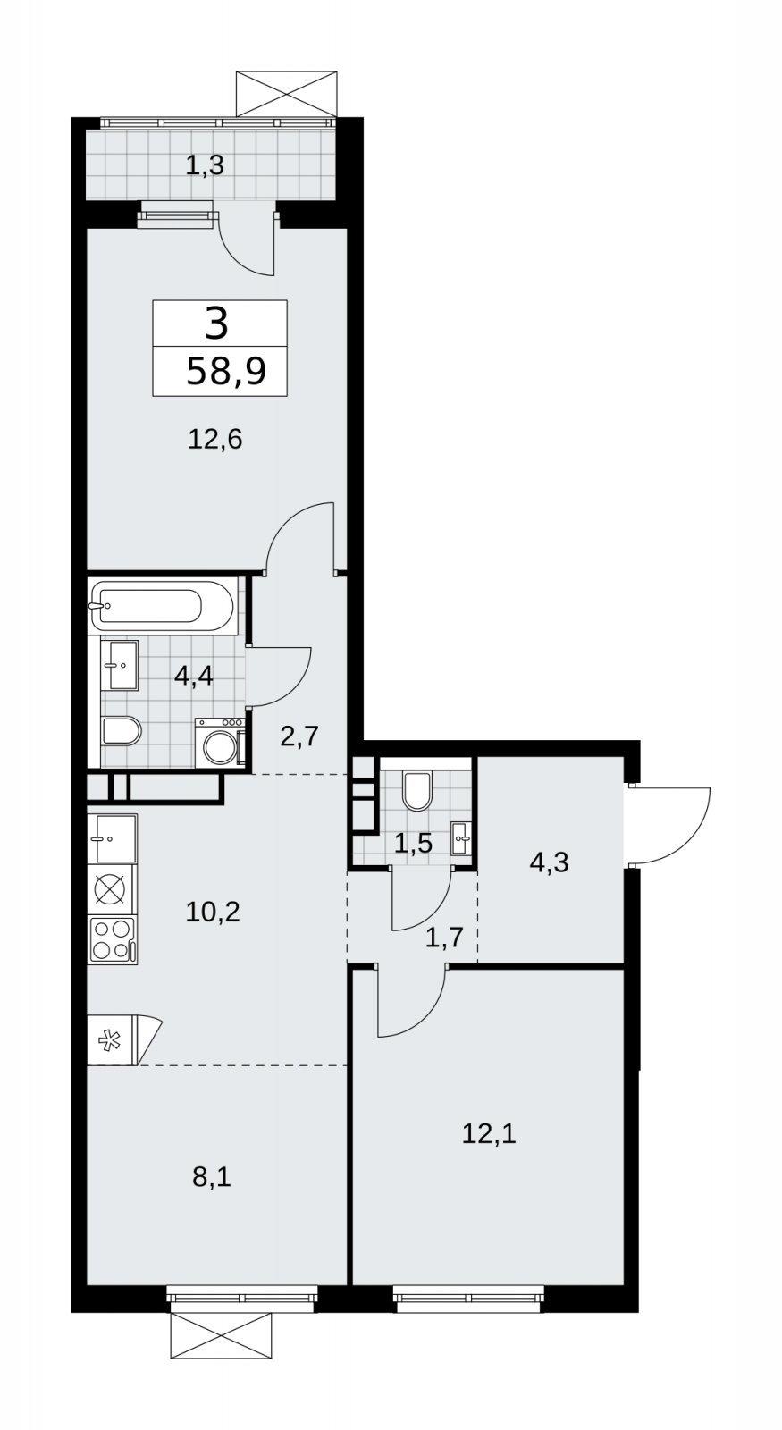 3-комнатная квартира (евро) без отделки, 58.9 м2, 9 этаж, сдача 1 квартал 2026 г., ЖК Прокшино, корпус 11.2.1 - объявление 2269868 - фото №1