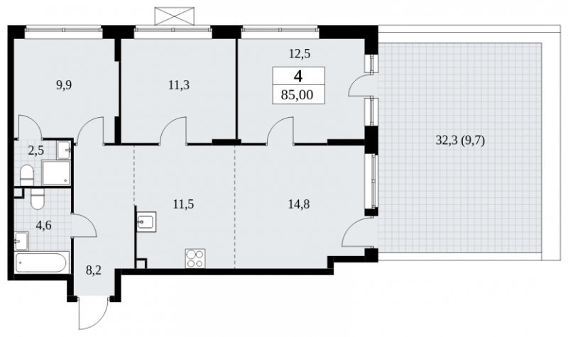 4-комнатная квартира (евро) с полной отделкой, 85 м2, 2 этаж, сдача 3 квартал 2024 г., ЖК Прокшино, корпус 8.3 - объявление 2052271 - фото №1