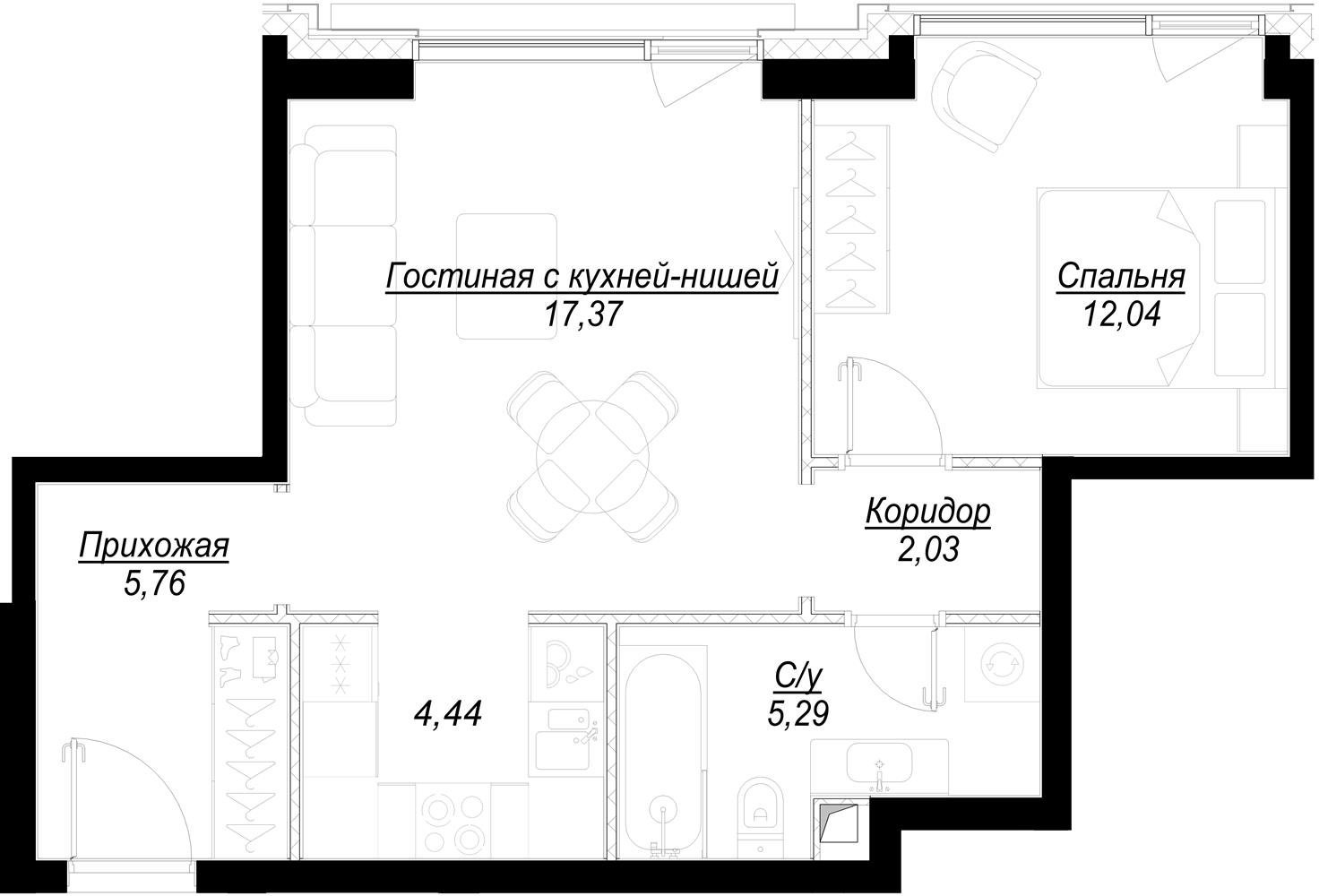 1-комнатная квартира с частичной отделкой, 47.05 м2, 30 этаж, дом сдан, ЖК Hide, корпус RiverSide - объявление 2336081 - фото №1