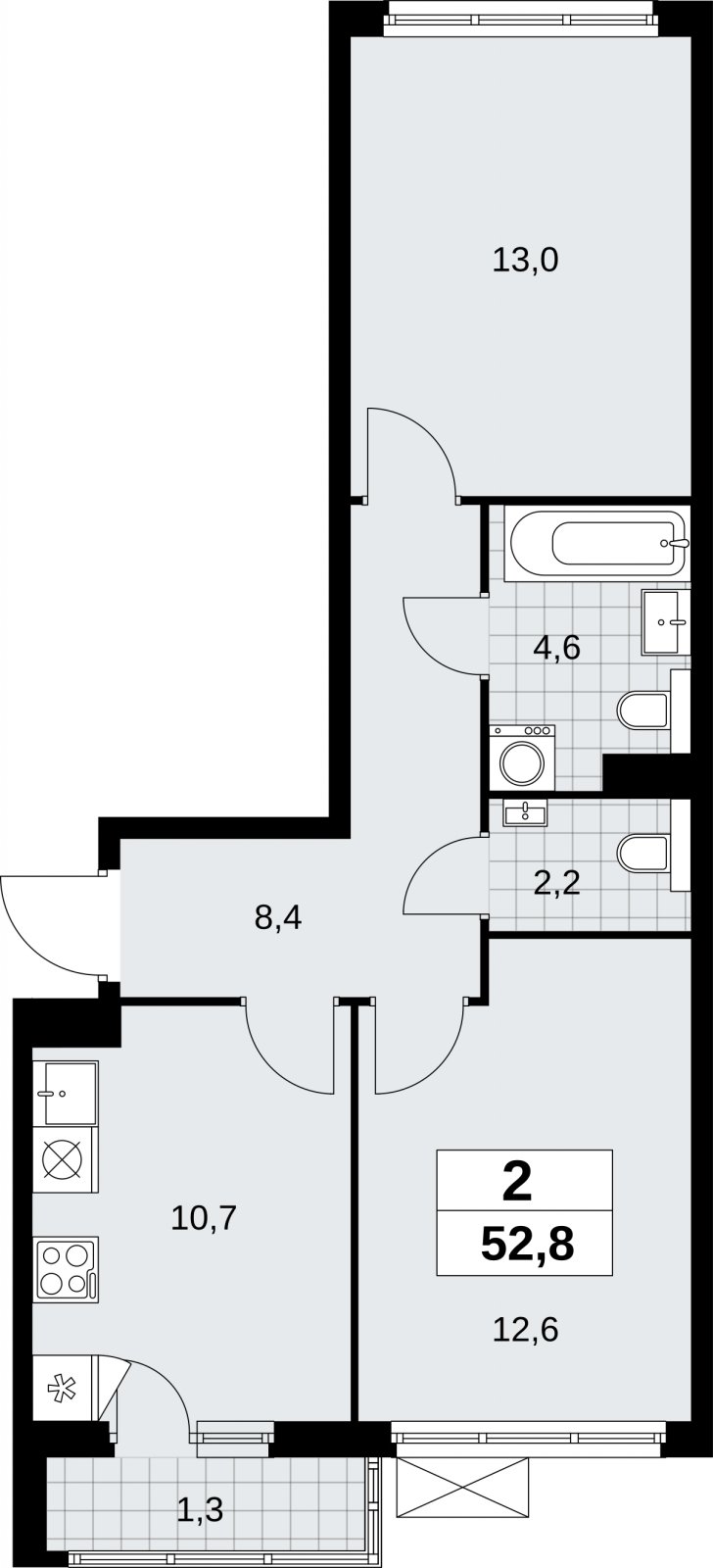 2-комнатная квартира без отделки, 52.8 м2, 9 этаж, сдача 2 квартал 2026 г., ЖК Бунинские кварталы, корпус 9.1 - объявление 2323735 - фото №1
