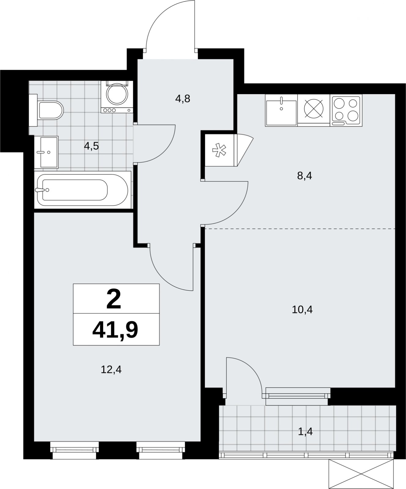 2-комнатная квартира (евро) с полной отделкой, 41.9 м2, 2 этаж, сдача 3 квартал 2026 г., ЖК Дзен-кварталы, корпус 6.1.3 - объявление 2327377 - фото №1