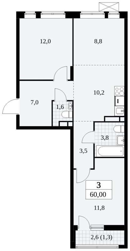3-комнатная квартира (евро) без отделки, 60 м2, 5 этаж, сдача 3 квартал 2024 г., ЖК Прокшино, корпус 8.5 - объявление 1684334 - фото №1