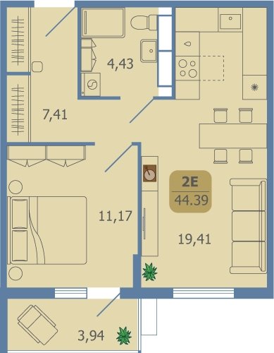 2-комнатная квартира без отделки, 44.39 м2, 16 этаж, сдача 2 квартал 2024 г., ЖК Финский, корпус 4 - объявление 2133144 - фото №1
