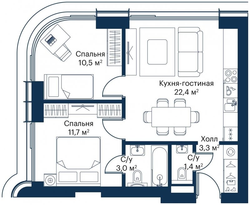2-комнатная квартира с частичной отделкой, 52.3 м2, 2 этаж, сдача 4 квартал 2023 г., ЖК City Bay, корпус Atlantic Ocean 1 - объявление 1645403 - фото №1