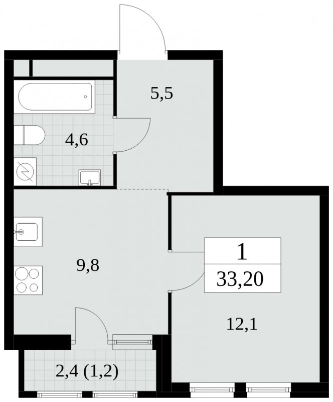 1-комнатная квартира без отделки, 33.2 м2, 4 этаж, сдача 2 квартал 2025 г., ЖК Южные сады, корпус 2.3 - объявление 1758046 - фото №1