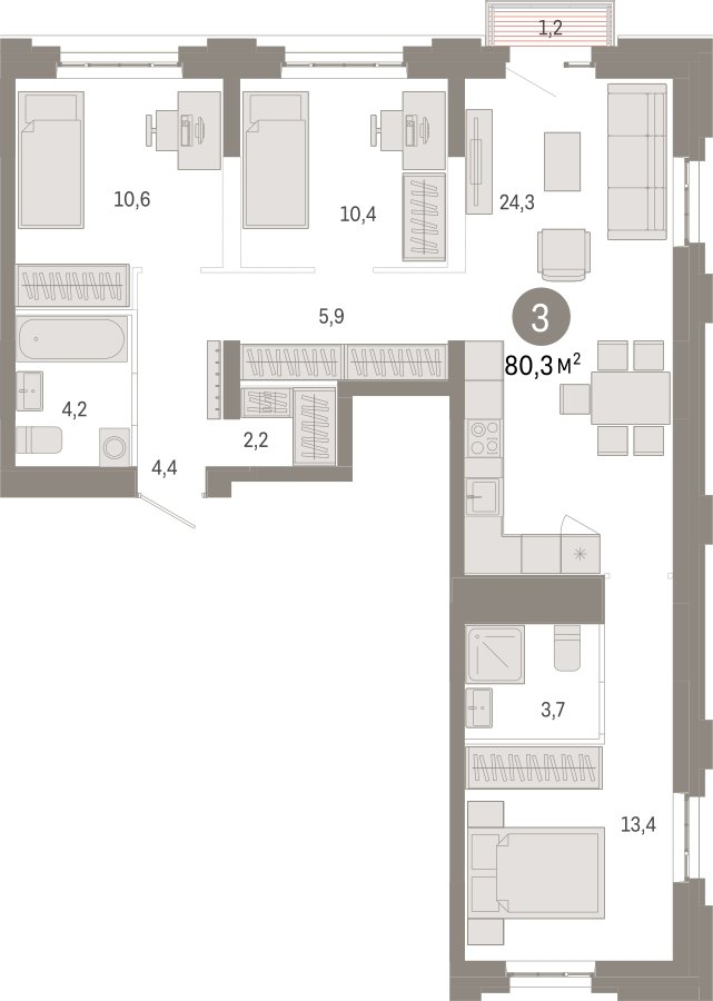 3-комнатная квартира с частичной отделкой, 80.3 м2, 3 этаж, сдача 3 квартал 2026 г., ЖК Квартал Метроном, корпус 1 - объявление 2331005 - фото №1