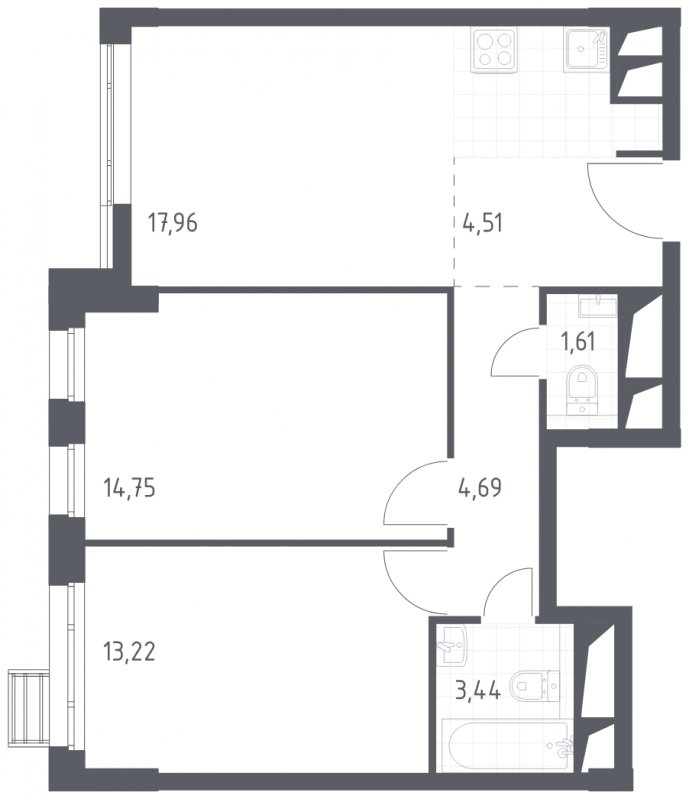 2-комнатные апартаменты с полной отделкой, 60.18 м2, 30 этаж, сдача 4 квартал 2023 г., ЖК Квартал Спутник, корпус 15 - объявление 1711870 - фото №1