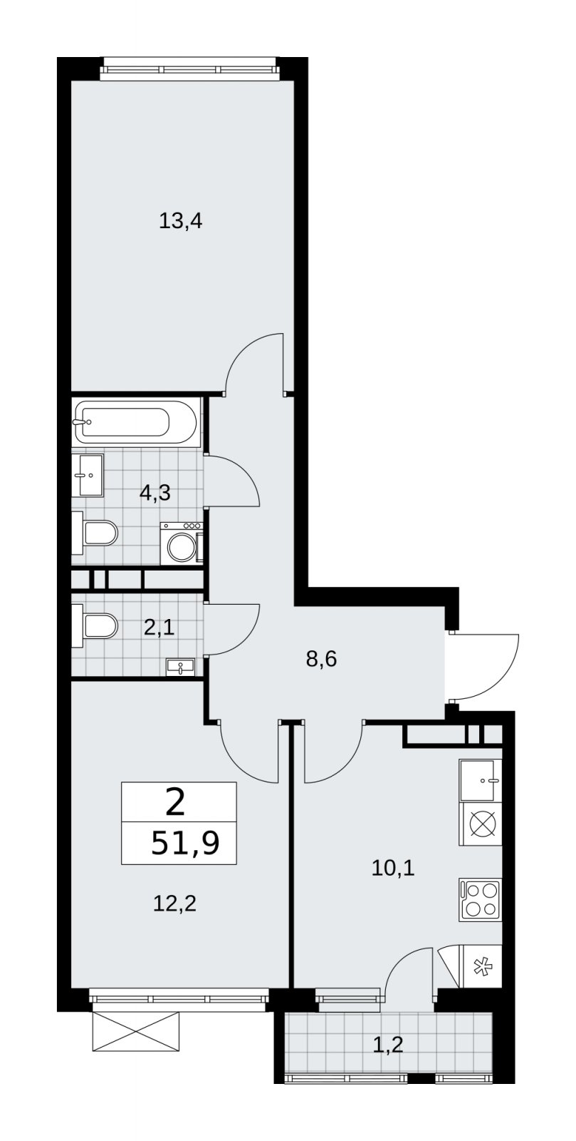 2-комнатная квартира с частичной отделкой, 51.9 м2, 11 этаж, сдача 1 квартал 2026 г., ЖК Прокшино, корпус 11.1.1 - объявление 2257156 - фото №1