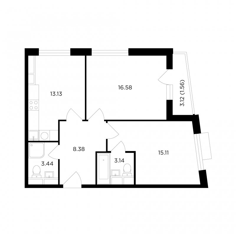 2-комнатная квартира без отделки, 61.34 м2, 10 этаж, сдача 1 квартал 2023 г., ЖК TopHILLS, корпус 1 - объявление 1818978 - фото №1