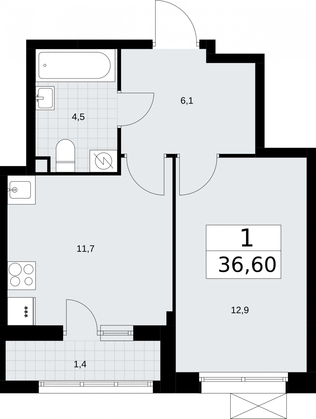 1-комнатная квартира без отделки, 36.6 м2, 2 этаж, сдача 3 квартал 2026 г., ЖК Родные кварталы, корпус 2 - объявление 2295561 - фото №1